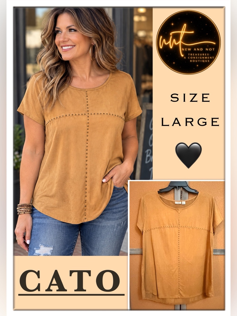 Cato Camel Suede Look Studded Short Sleeve Top Size Large Western Boho